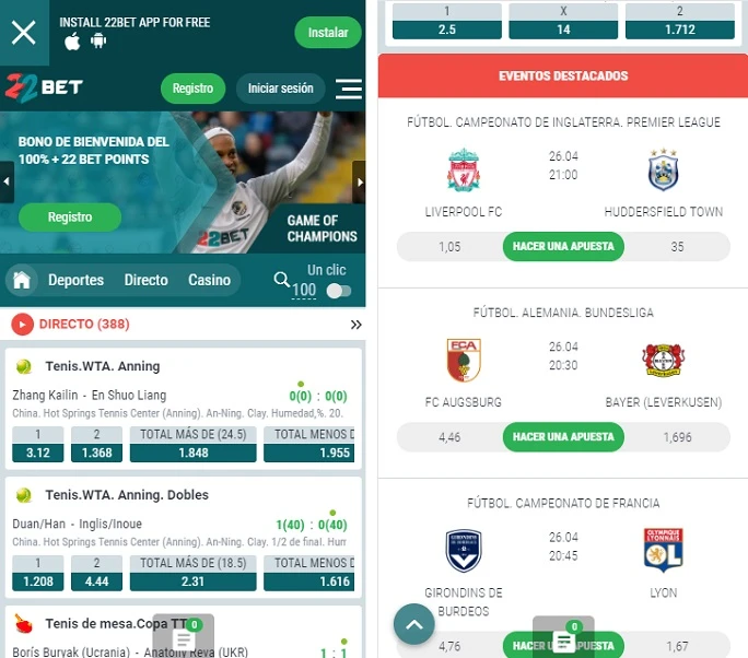 22Bet imagen app mÃ³vil