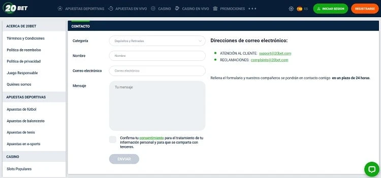 VÃ­as de atenciÃ³n al cliente en 20bet
