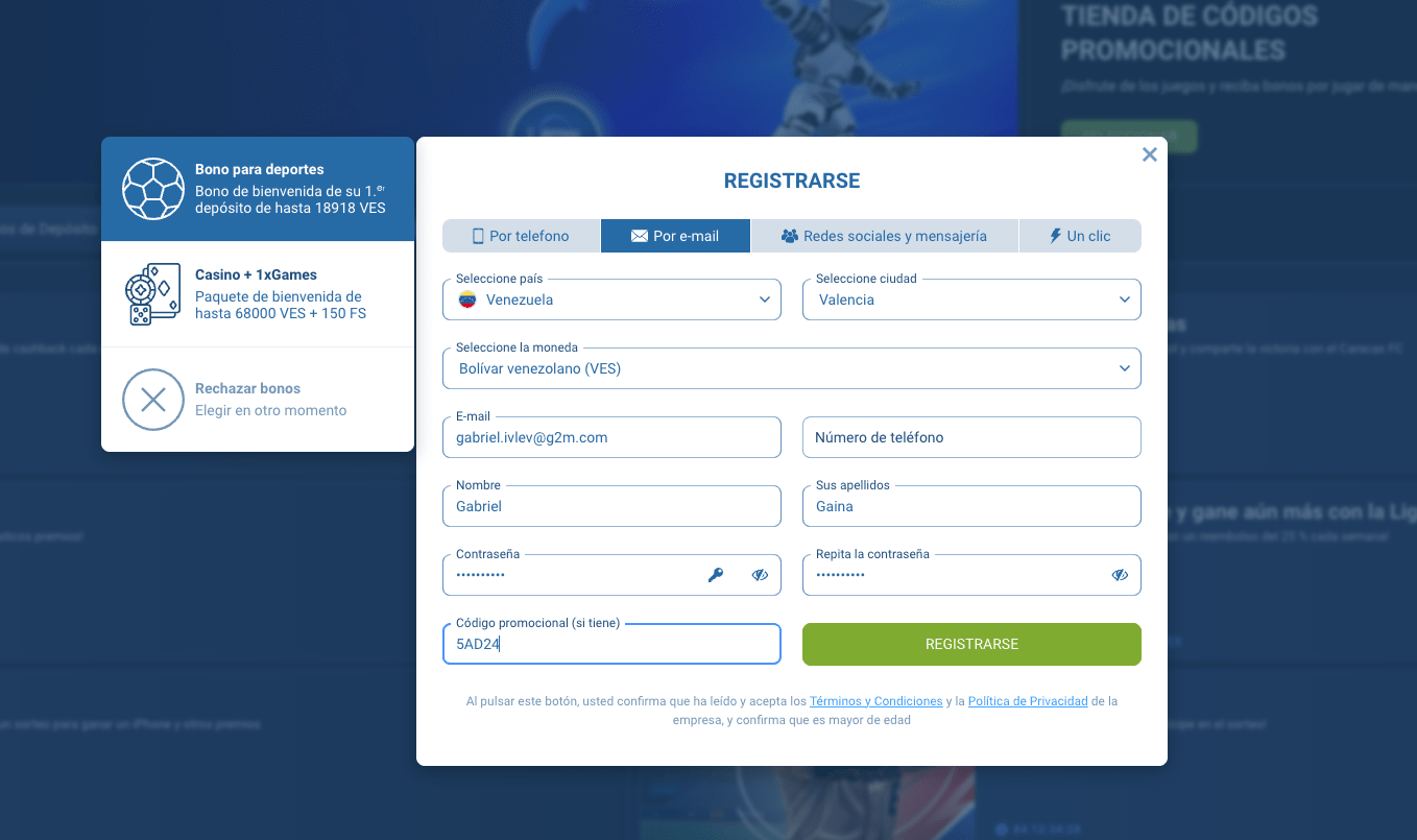 Registro en 1xbet Venezuela
