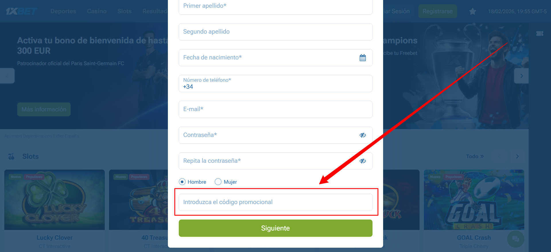 Espacio para introducir el código del bono en 1xbet