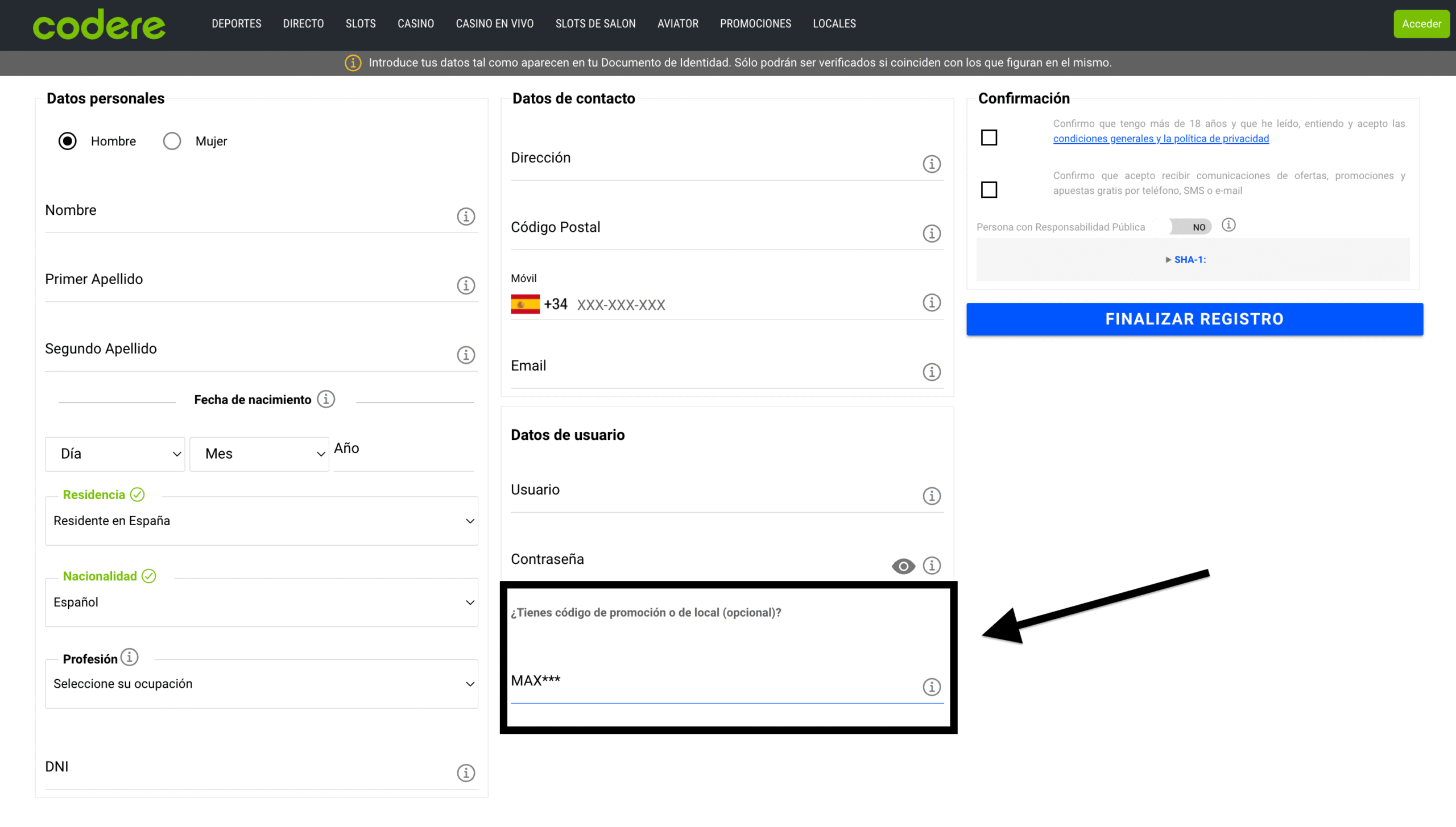 Código de bono Codere
