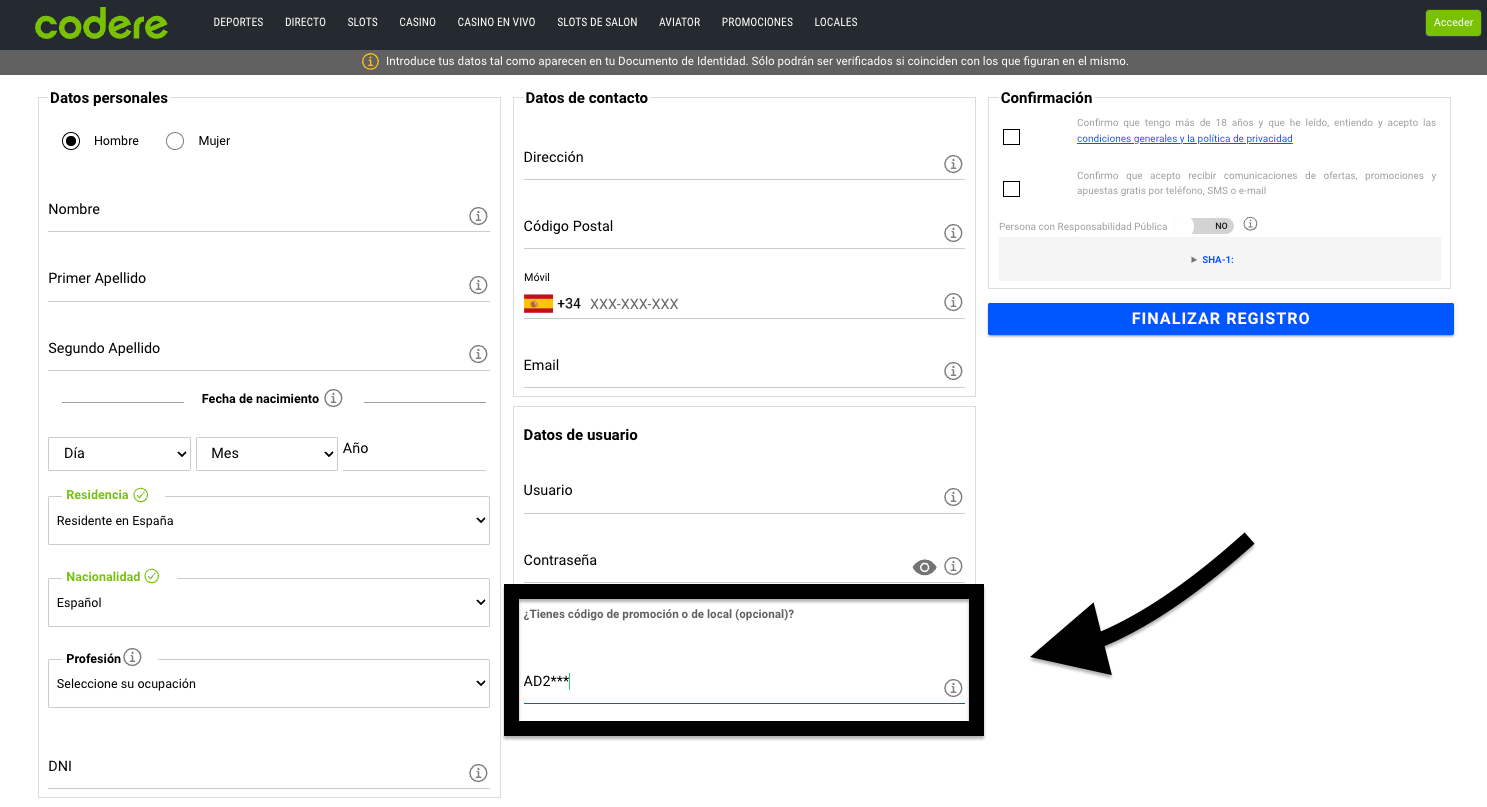 Código promocional codere AD2***