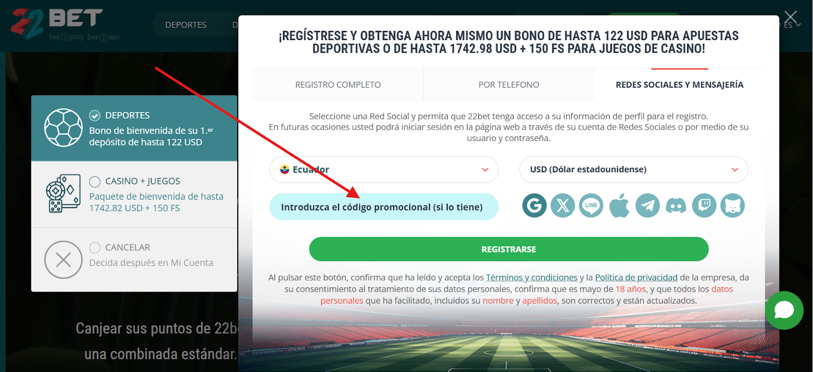 Espacio para el código del bono en 22bet
