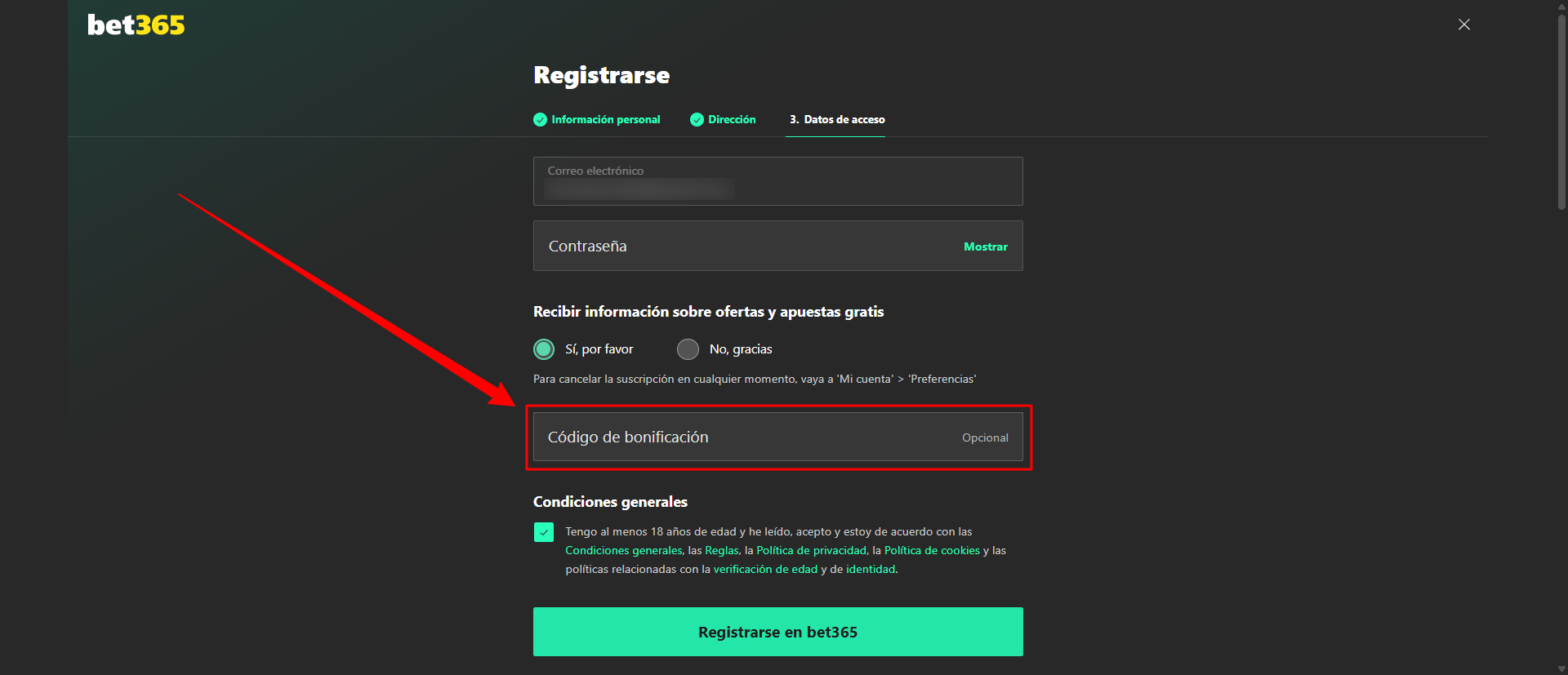 Código del bono de bet365