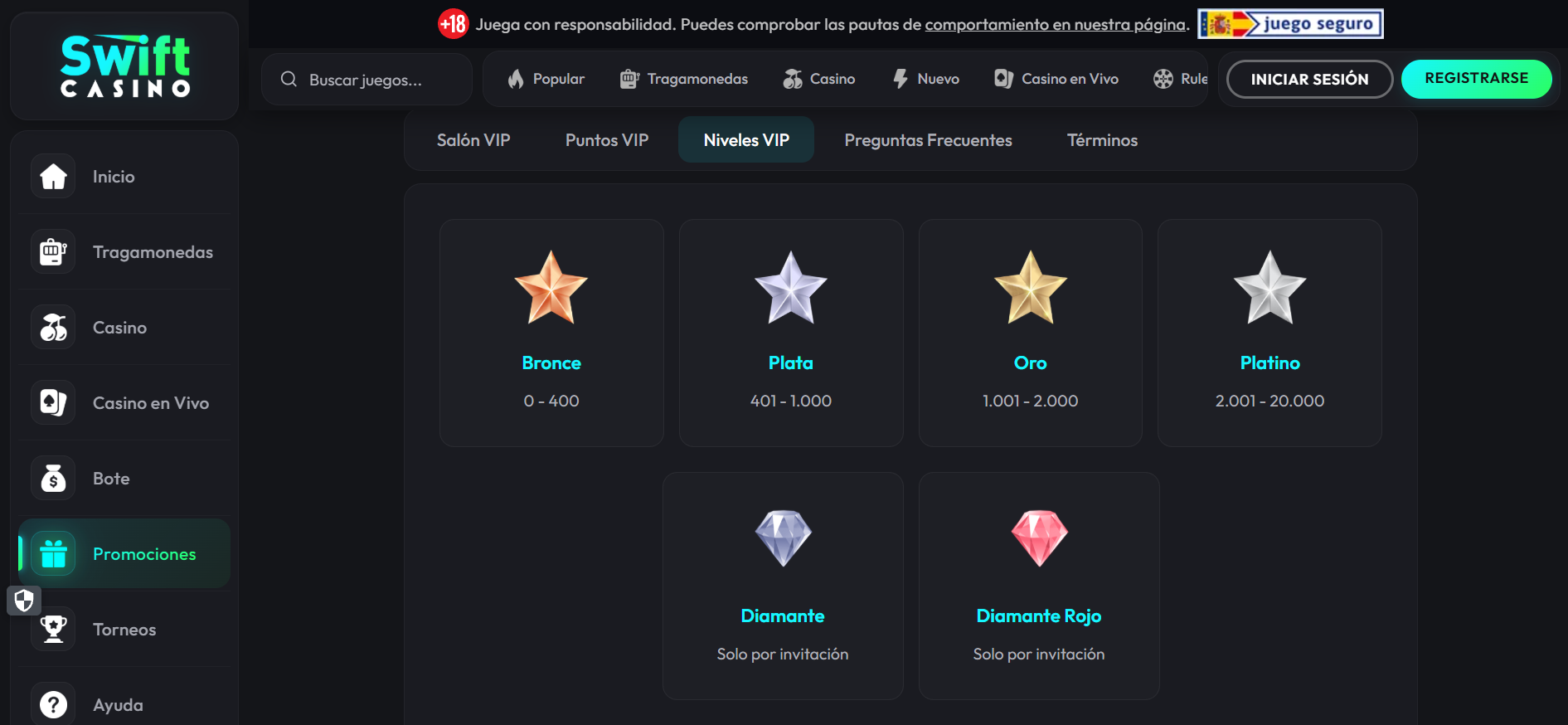Imagen del Club VIP de Swift Casino