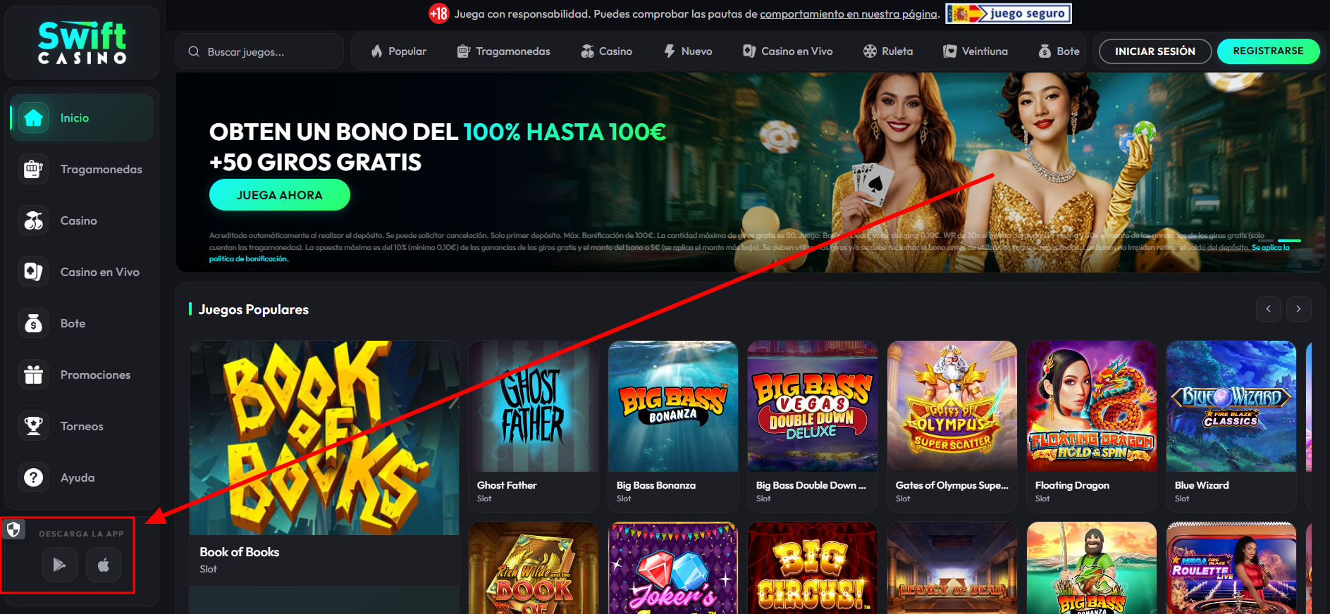Imagen de dónde descargar la app de Swift Casino