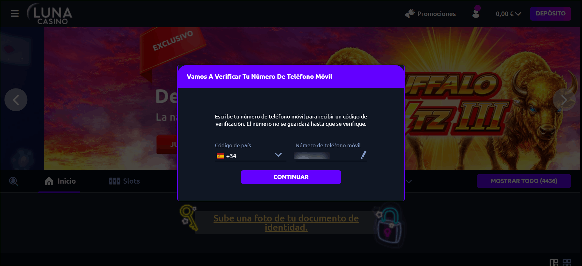 Verificación del teléfono en Luna Casino